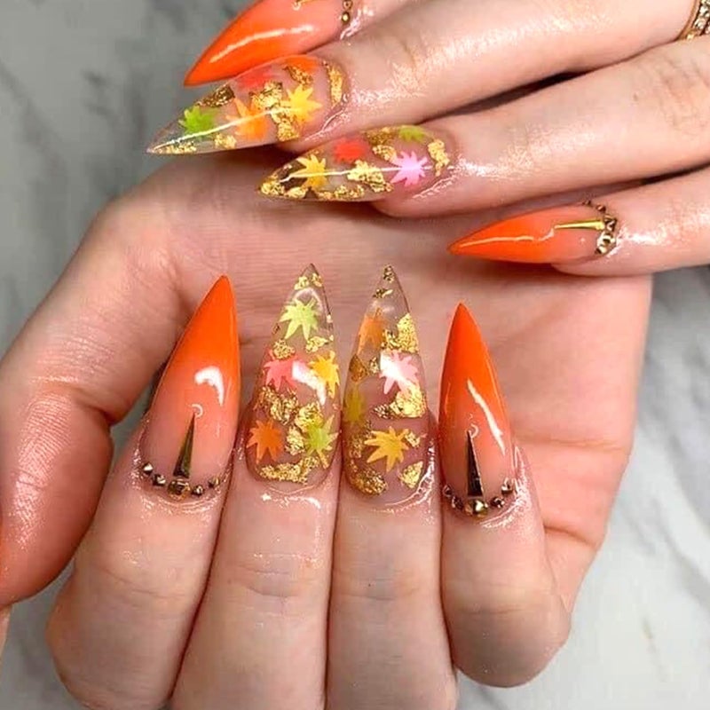 CJDLTS Thanksgiving Day Press on Nails Almond Tip Maple Leaf False Nail Full Cover Glossy Gradient Stick on Nail Acrylic Rhinestones Artificial Fingernails Fall Festival Glue on Nails for Women 24Pcs - Image 1